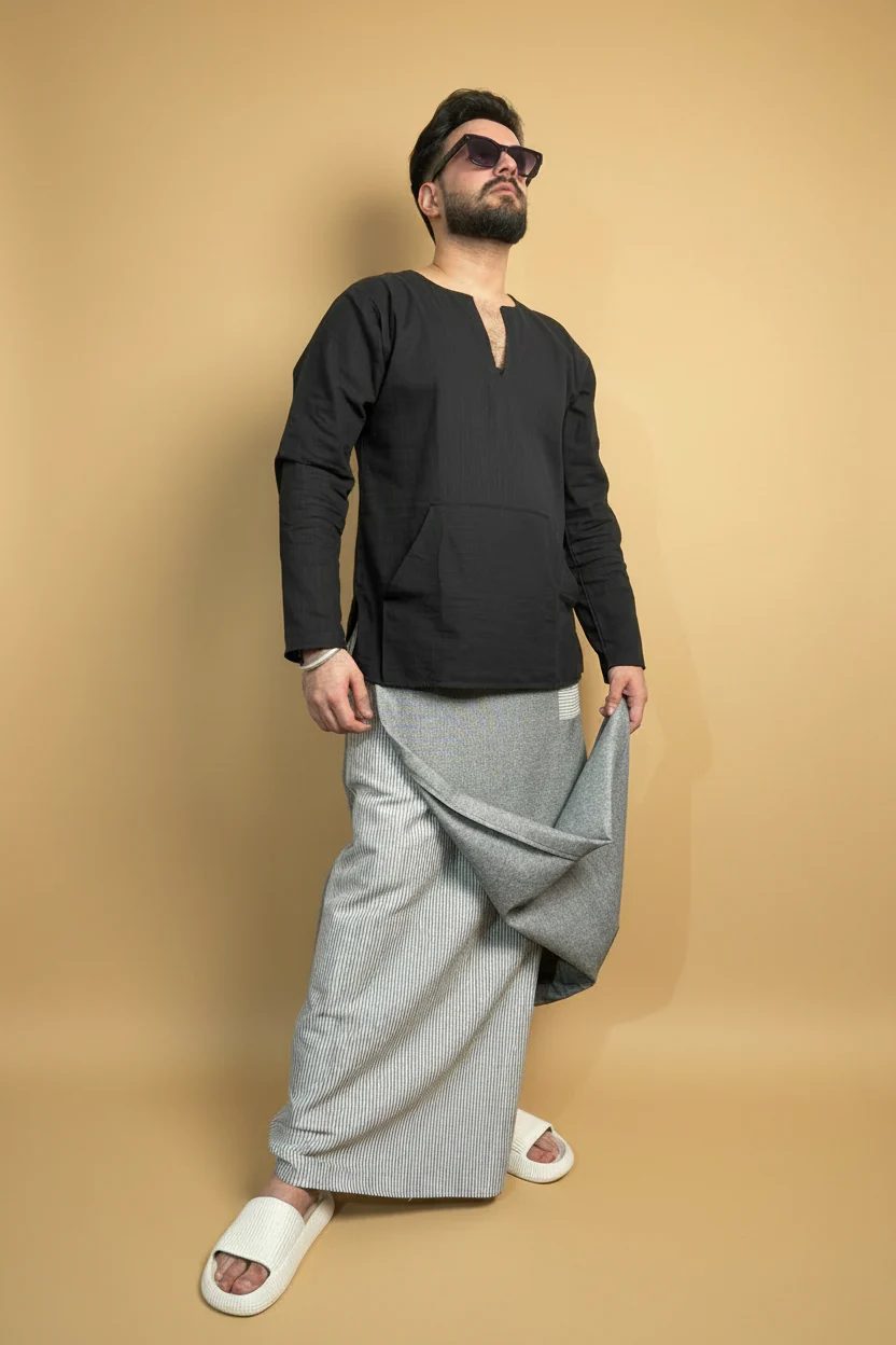 Men Blue Color Pajamalungi With Blue Stripe Panel - Image 2