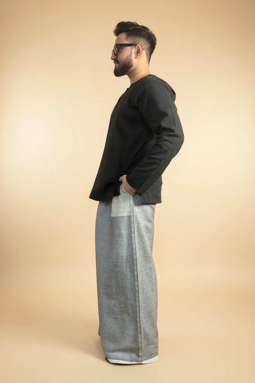 Men Blue Color Pajamalungi With Blue Stripe Panel - Image 5
