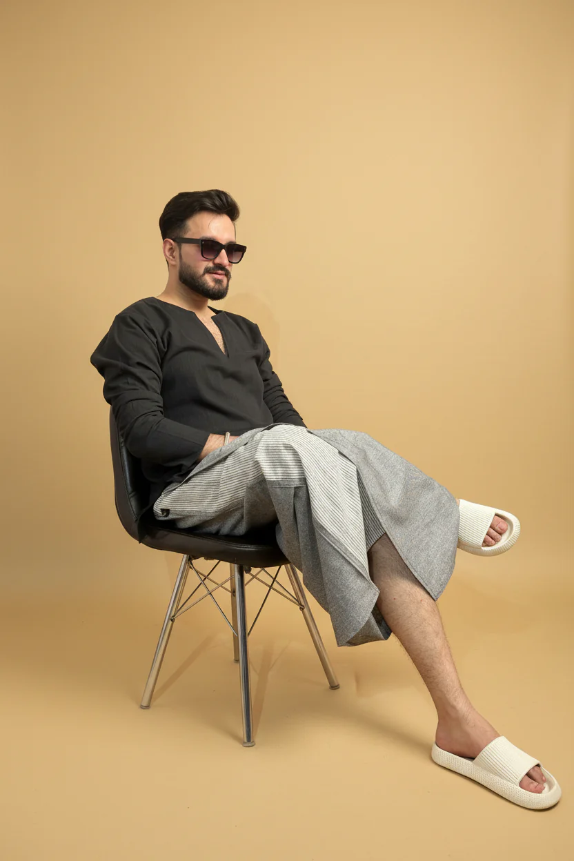 Men Blue Color Pajamalungi With Blue Stripe Panel - Image 6