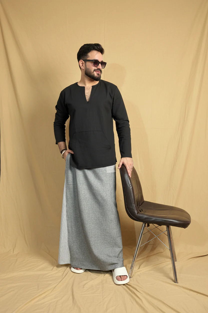 Men Blue Color Pajamalungi With Blue Stripe Panel - Image 7