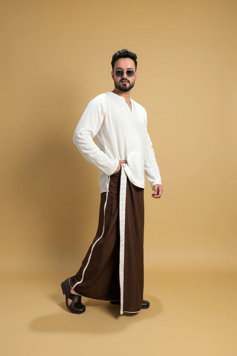 Men Dark brown Colour Pajamalungi With White Stripe Panel - Image 3