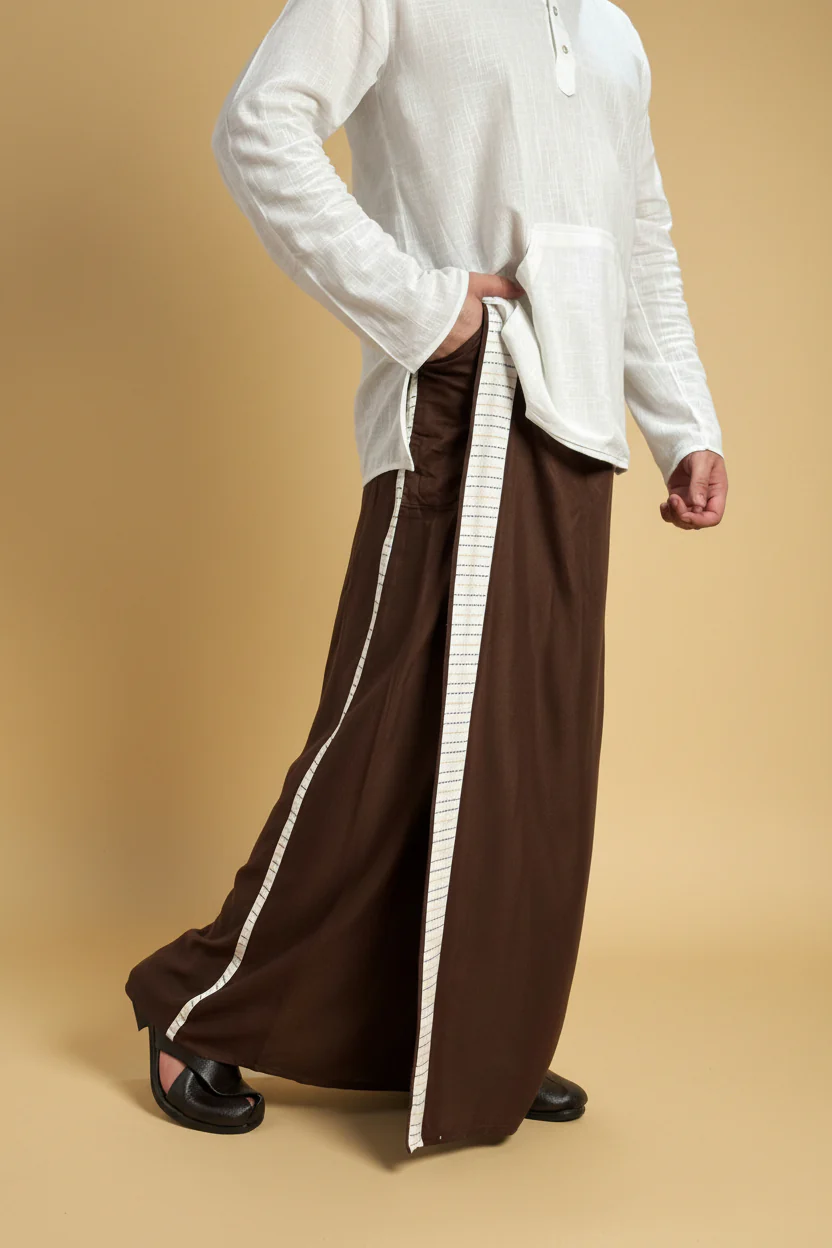 Men Dark brown Colour Pajamalungi With White Stripe Panel - Image 6