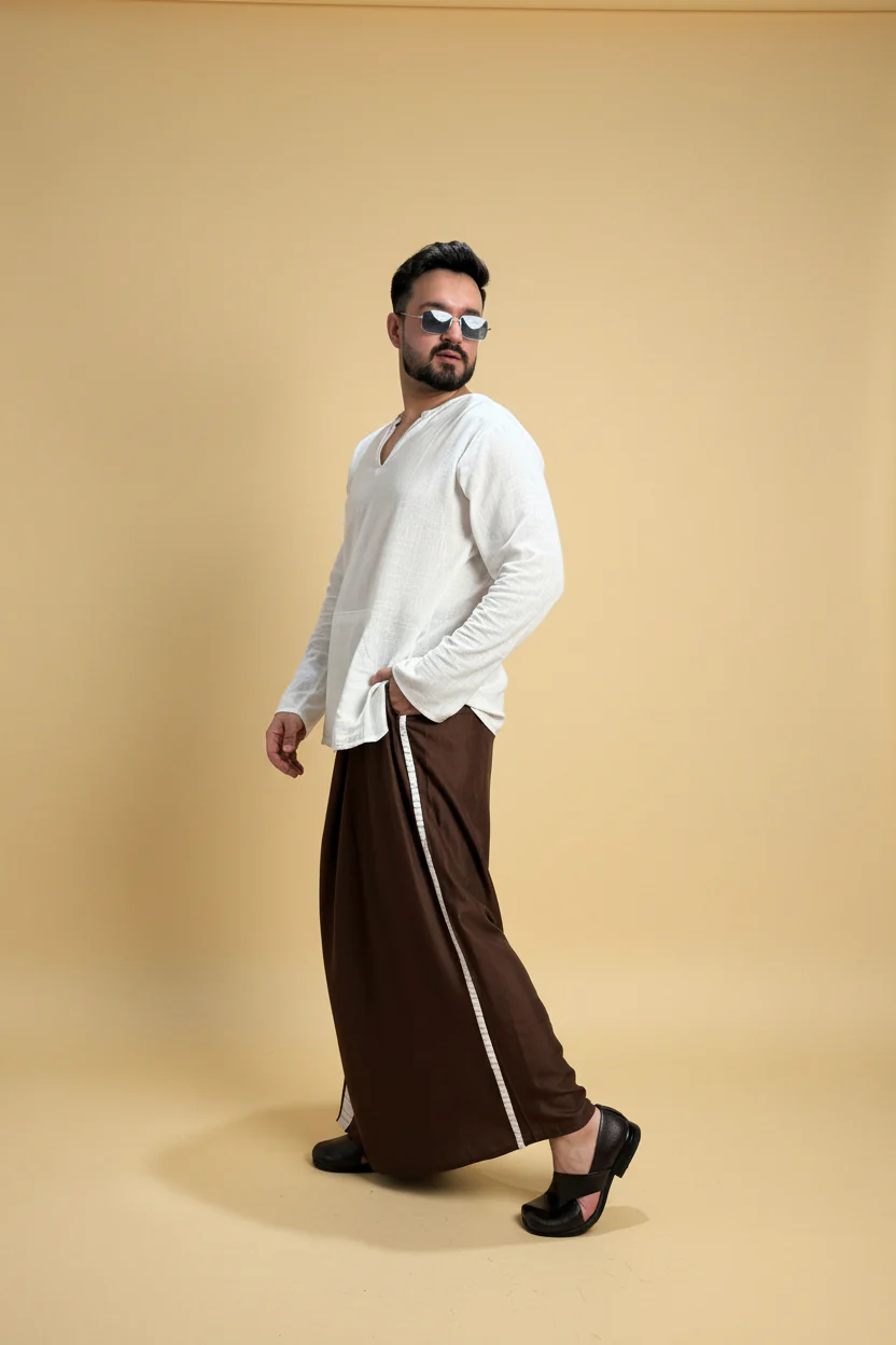 Men Dark brown Colour Pajamalungi With White Stripe Panel - Image 5