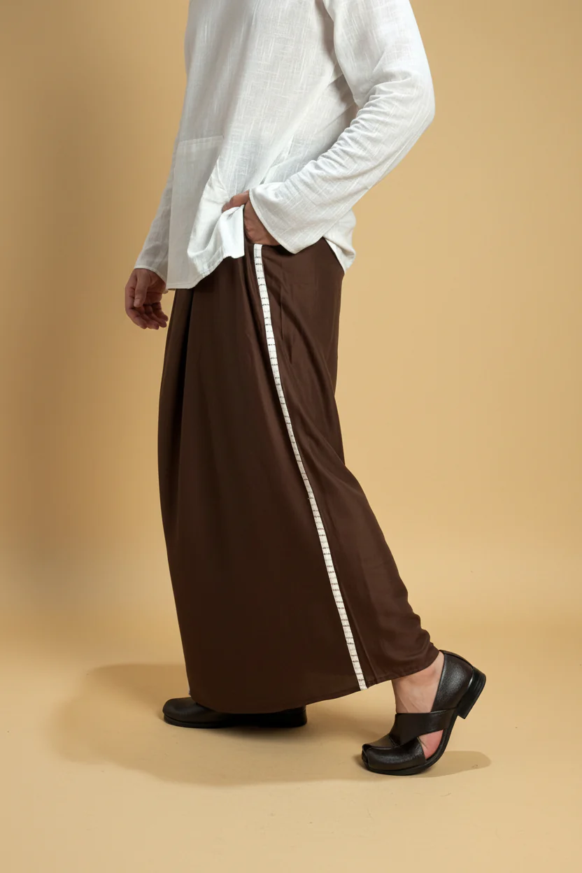 Men Dark brown Colour Pajamalungi With White Stripe Panel - Image 8