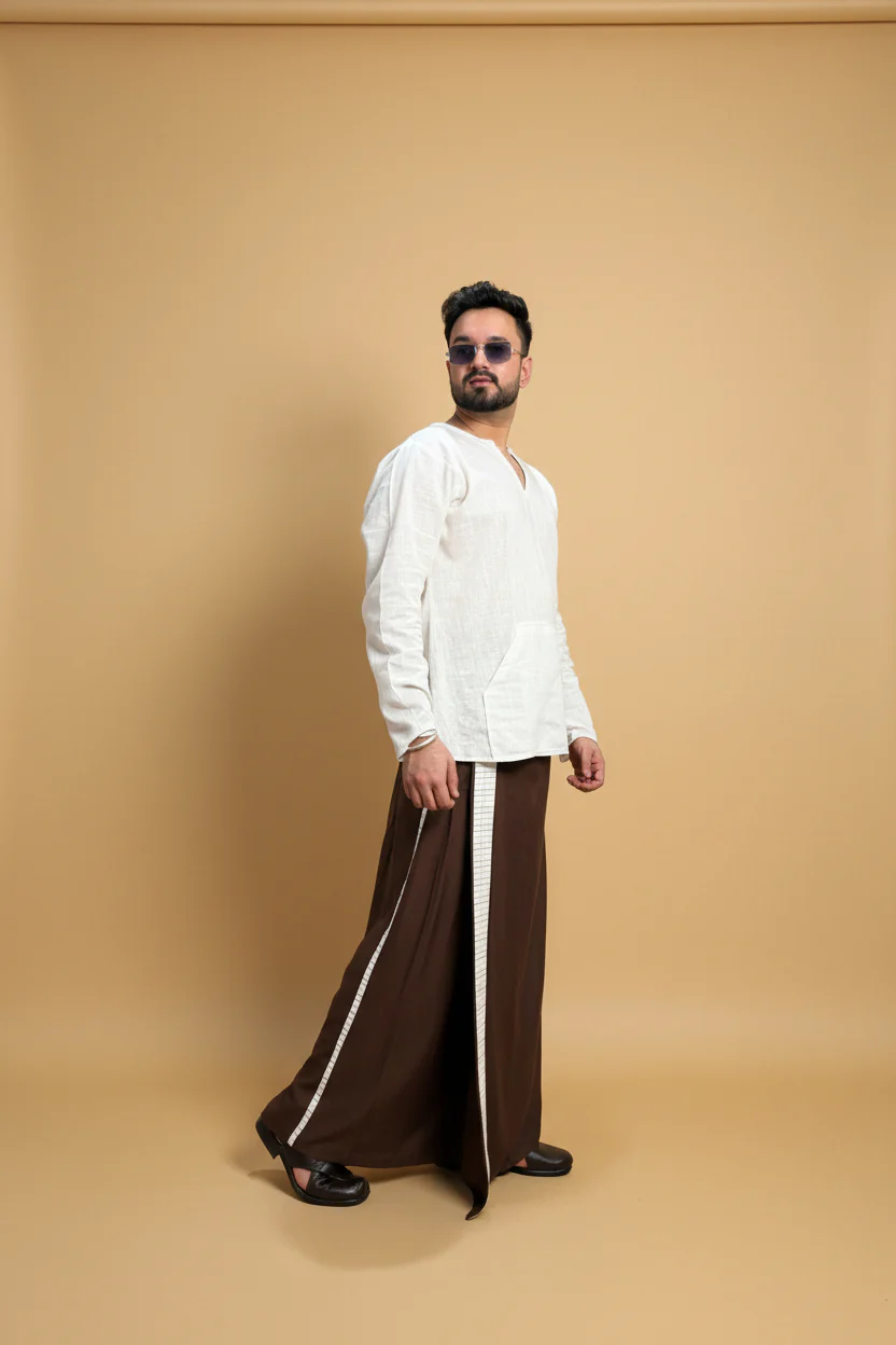 Men Dark brown Colour Pajamalungi With White Stripe Panel - Image 7