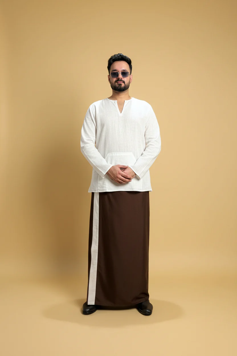 Men Dark brown Colour Pajamalungi With White Stripe Panel - Image 4