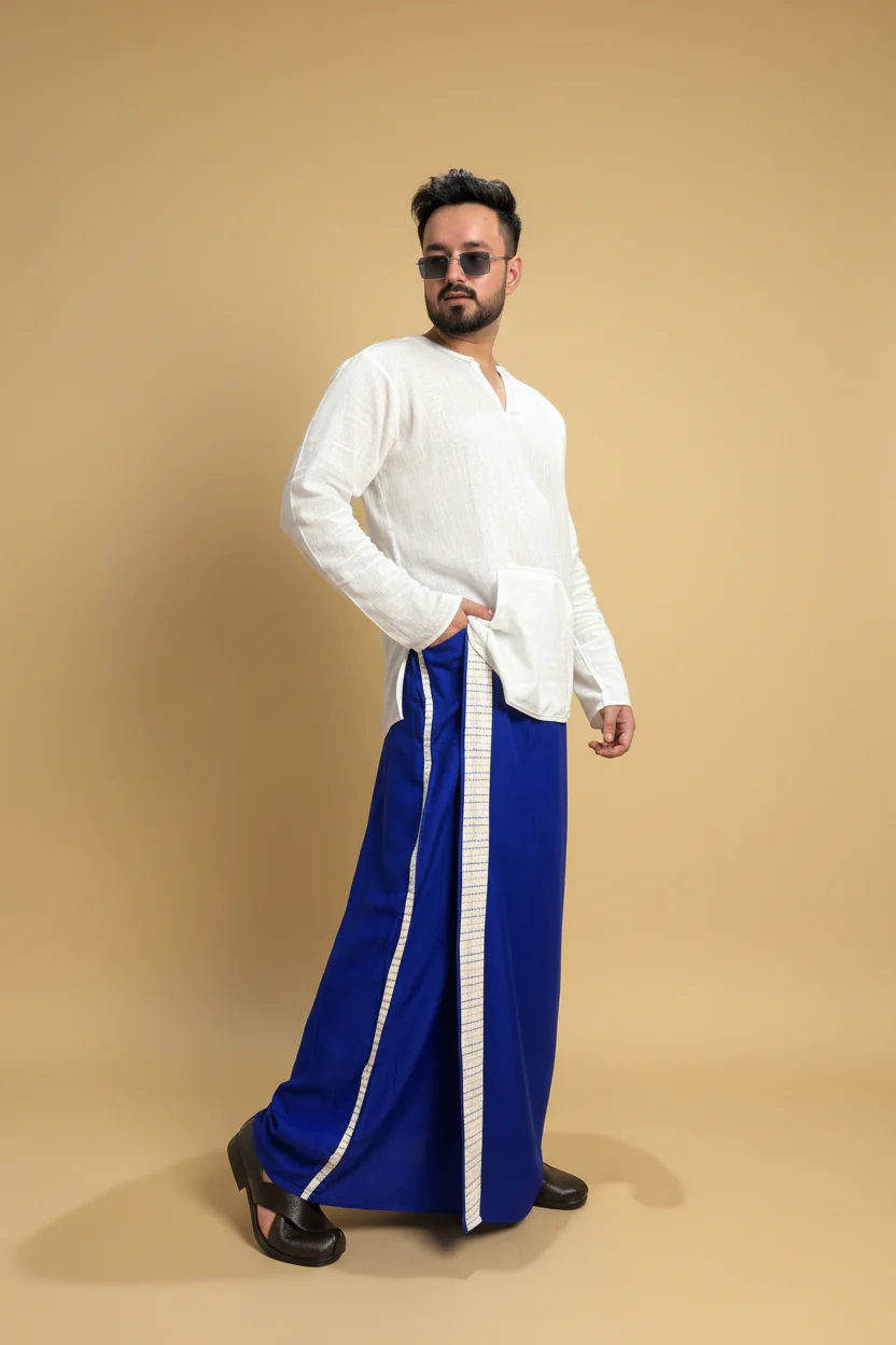 Men Royal blue Colour Pajamalungi With White Stripe Panel - Image 4