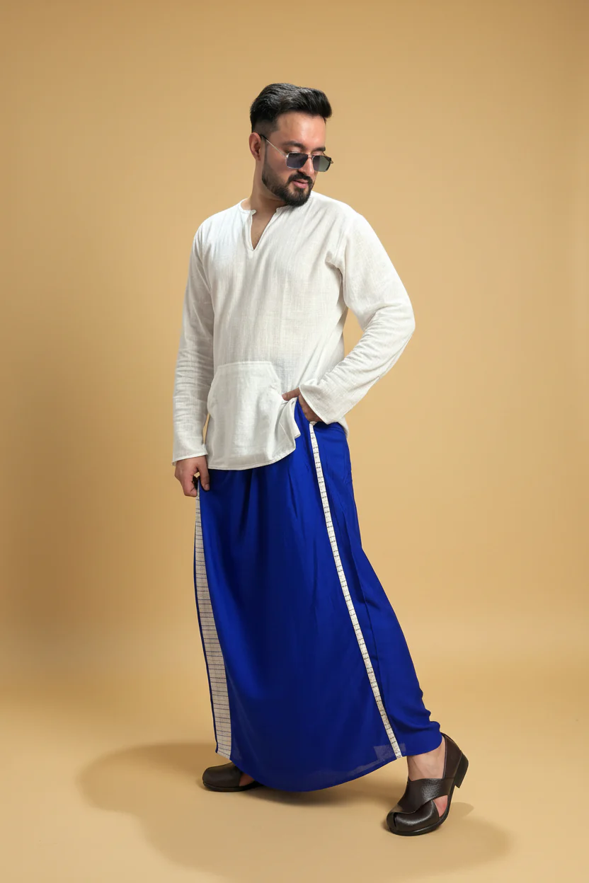 Men Royal blue Colour Pajamalungi With White Stripe Panel - Image 3