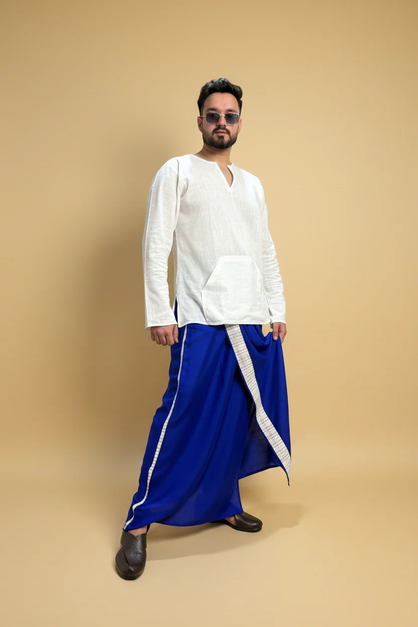 Men Royal blue Colour Pajamalungi With White Stripe Panel - Image 5