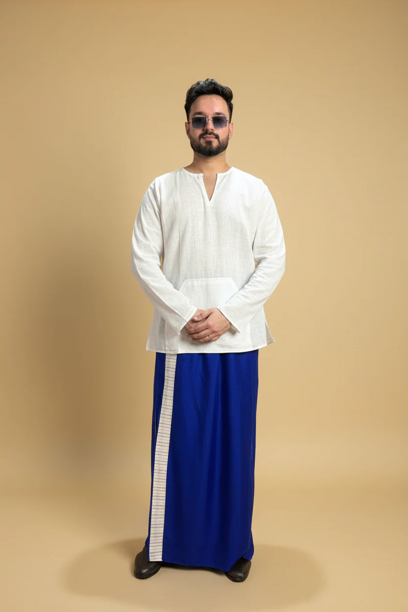 Men Royal blue Colour Pajamalungi With White Stripe Panel - Image 7