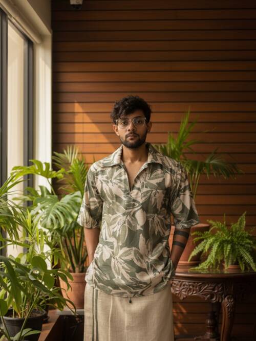 Olive light green big leaves digital print kurta with halfsleeves
