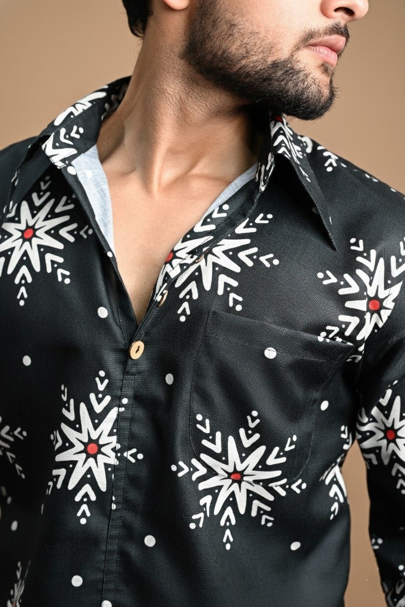 Snowflake Charm Navy Color Digital Print Kurta Shirt For Men - Image 2