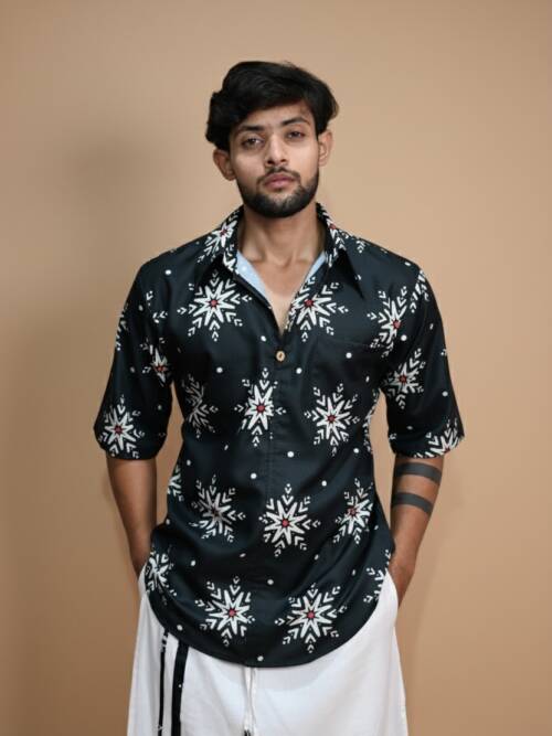 Snowflake Charm Navy Color Digital Print Kurta Shirt For Men