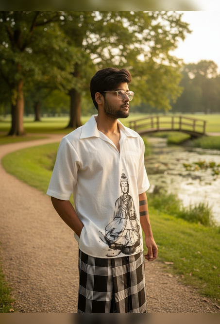 White kurta with budha print for men