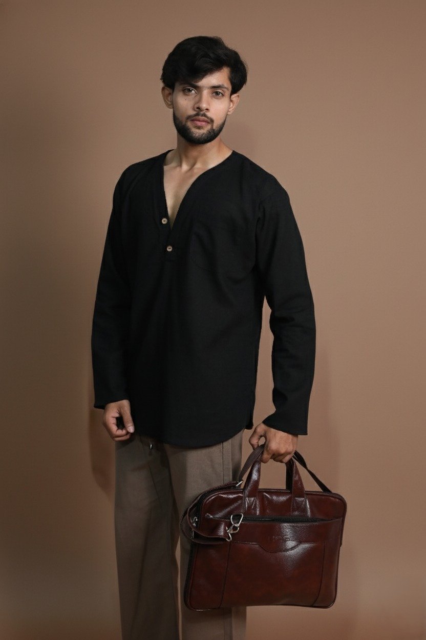 Cotton Black Color Full Sleeve Kurta For Men - Image 5