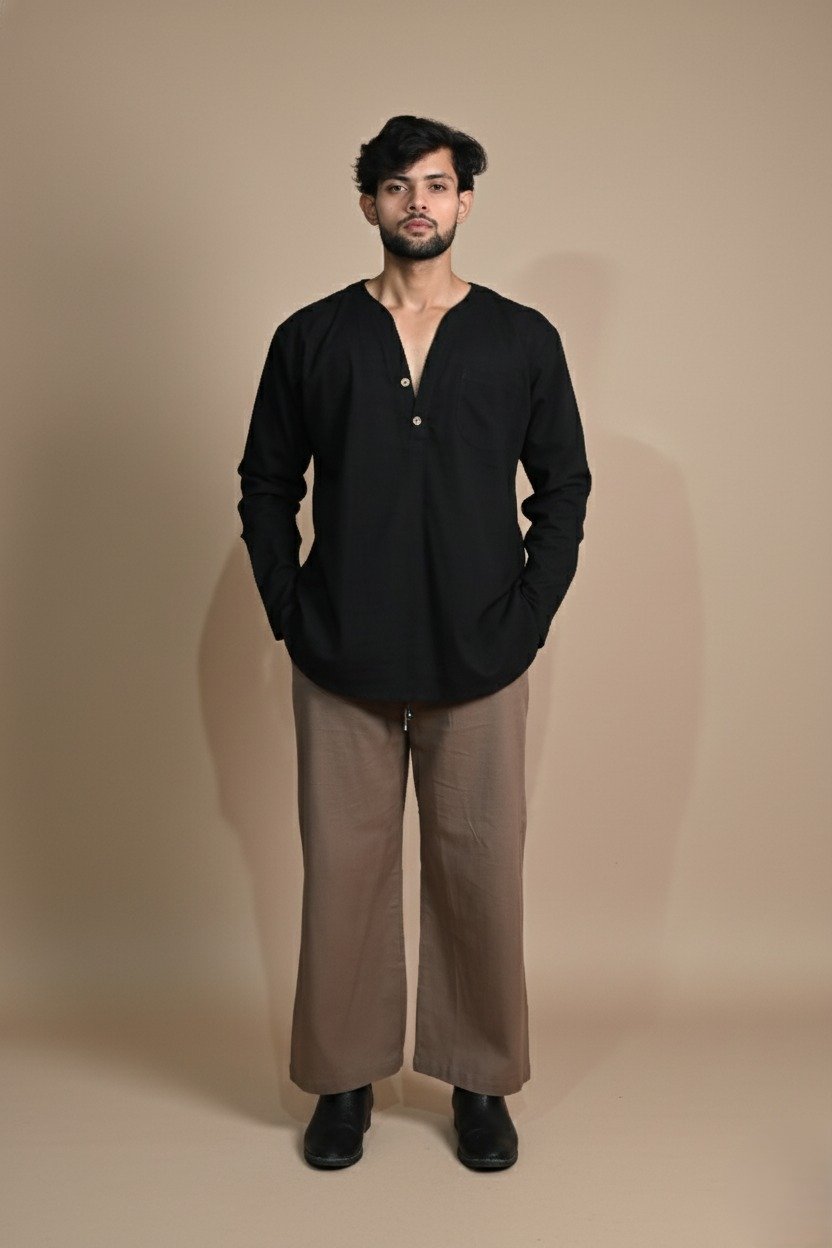 Cotton Black Color Full Sleeve Kurta For Men - Image 3