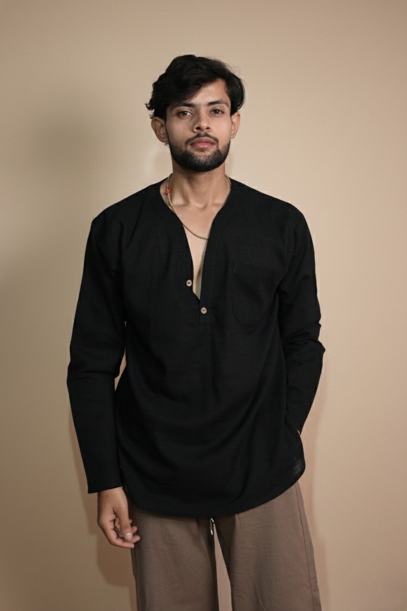 Cotton Black Color Full Sleeve Kurta For Men - Image 2