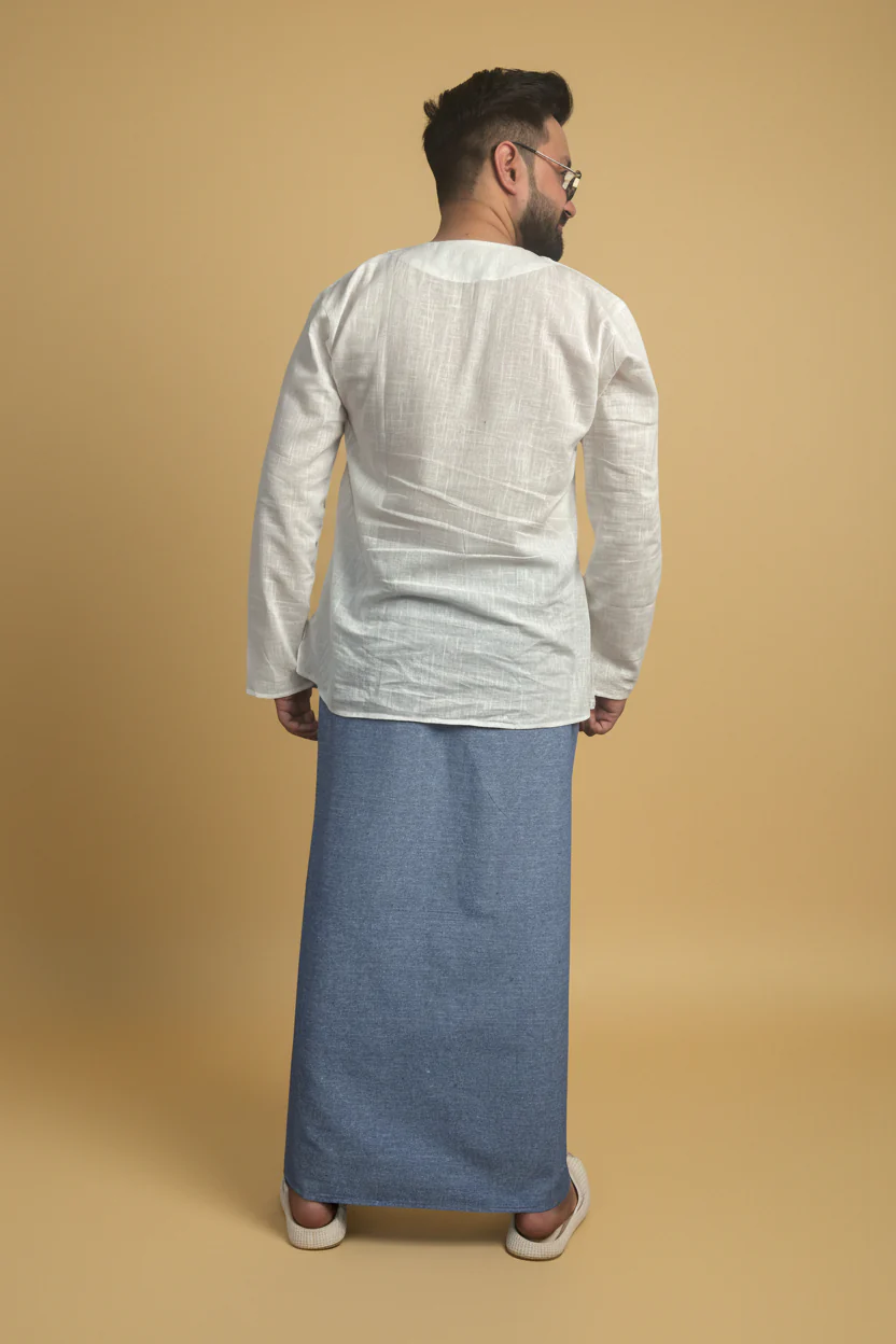 Men Denim Blue Color Pajamalungi With Denim Blue Stripe Panel - Image 4