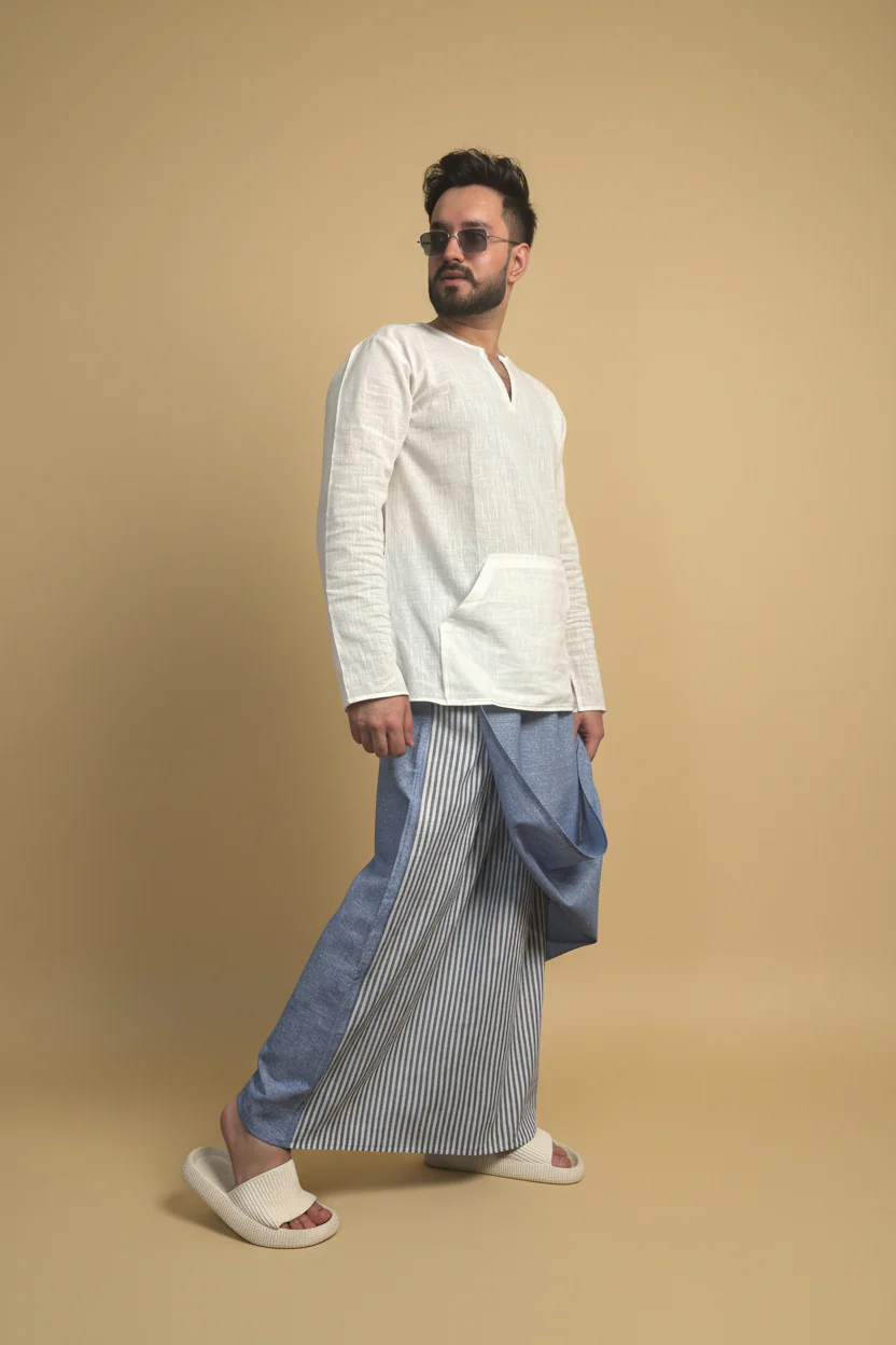Men Denim Blue Color Pajamalungi With Denim Blue Stripe Panel - Image 5