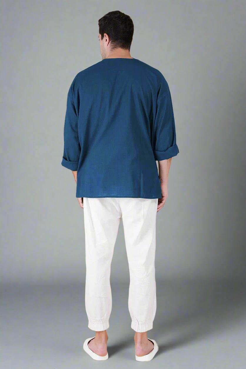 Denim Blue Off Shoulder Loose Cotton Kurta - Image 3