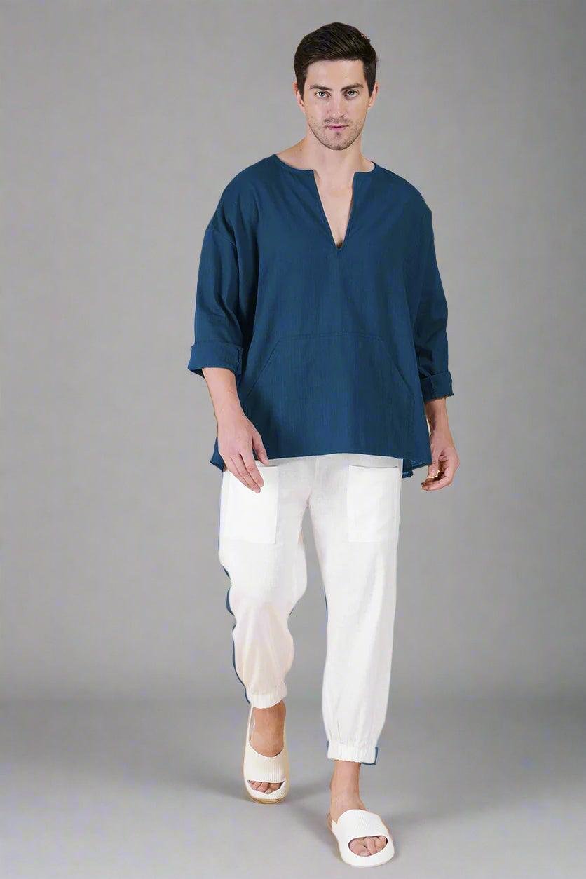 Denim Blue Off Shoulder Loose Cotton Kurta - Image 2