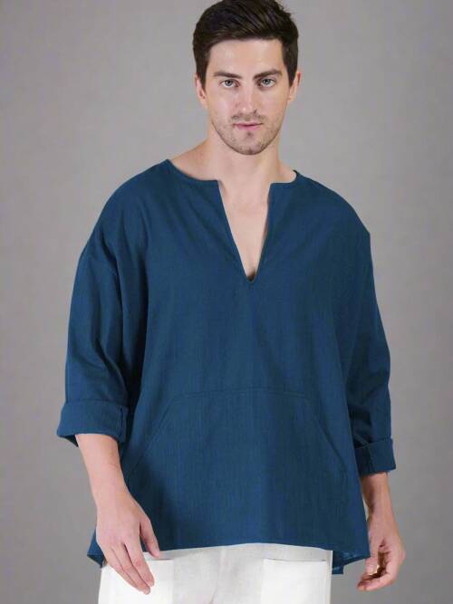 Denim Blue Off Shoulder Loose Cotton Kurta