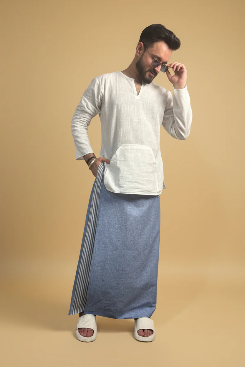 Men Denim Blue Color Pajamalungi With Denim Blue Stripe Panel - Image 6