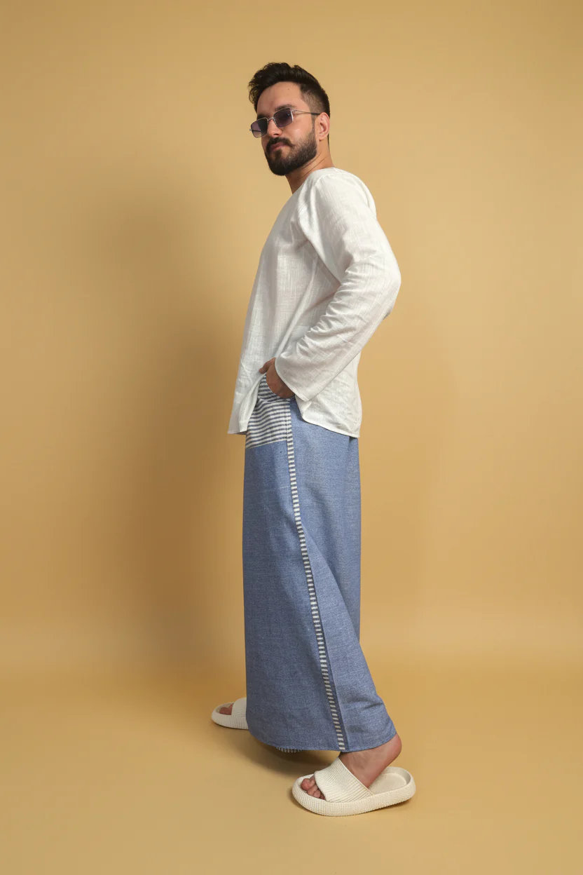Men Denim Blue Color Pajamalungi With Denim Blue Stripe Panel - Image 7