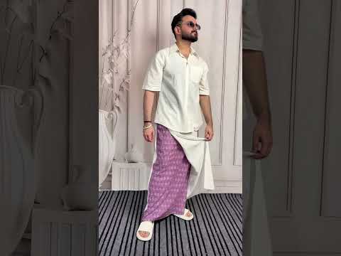 Men White Color Pajamalungi With Purple Embroidery Panel - Image 5