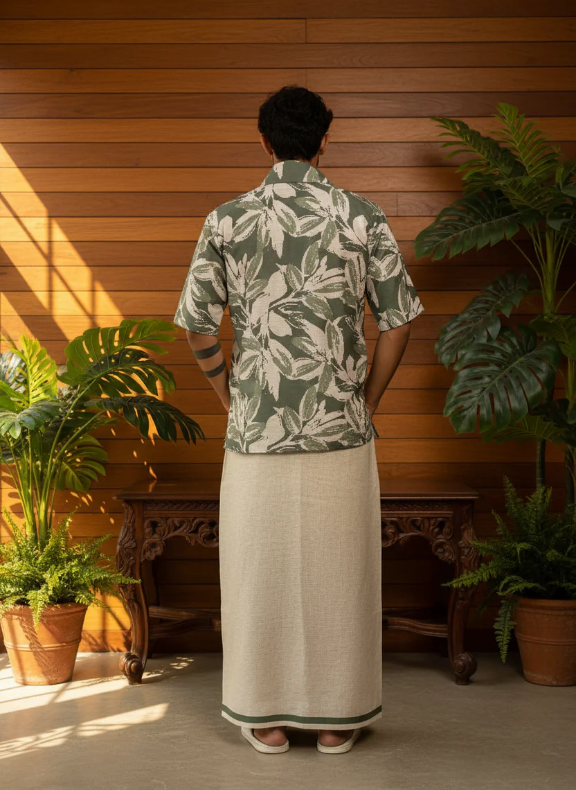 Beige pajamalungi with light green stripes for men - Image 2