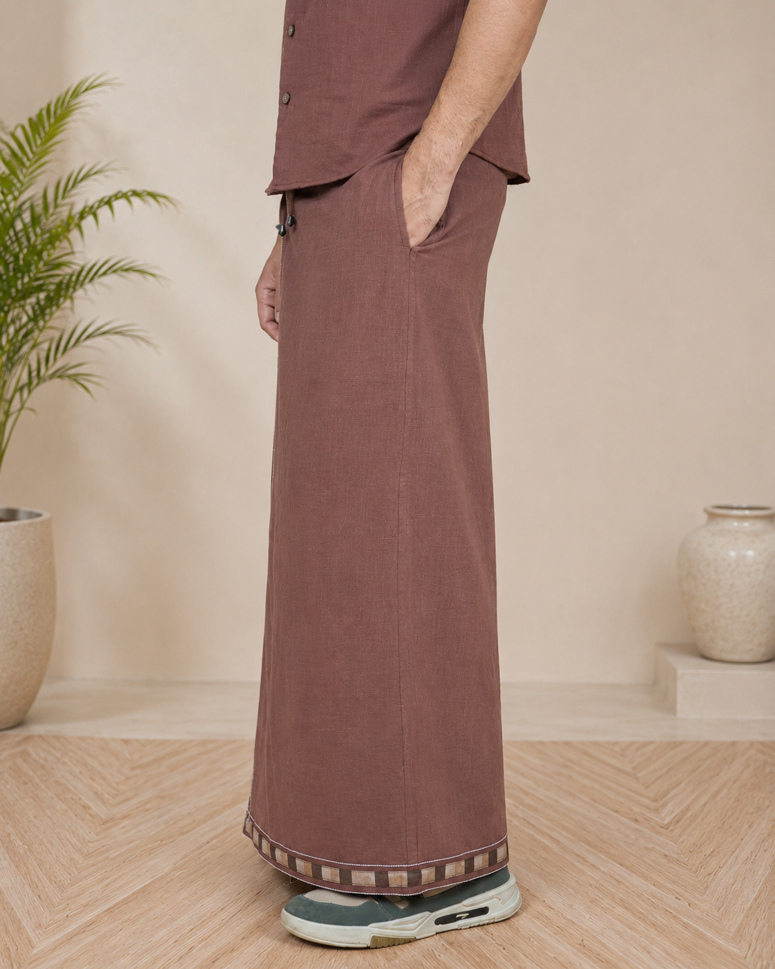 Premium Cotton Stripe Pajamalungi – Coffee Brown - Image 4
