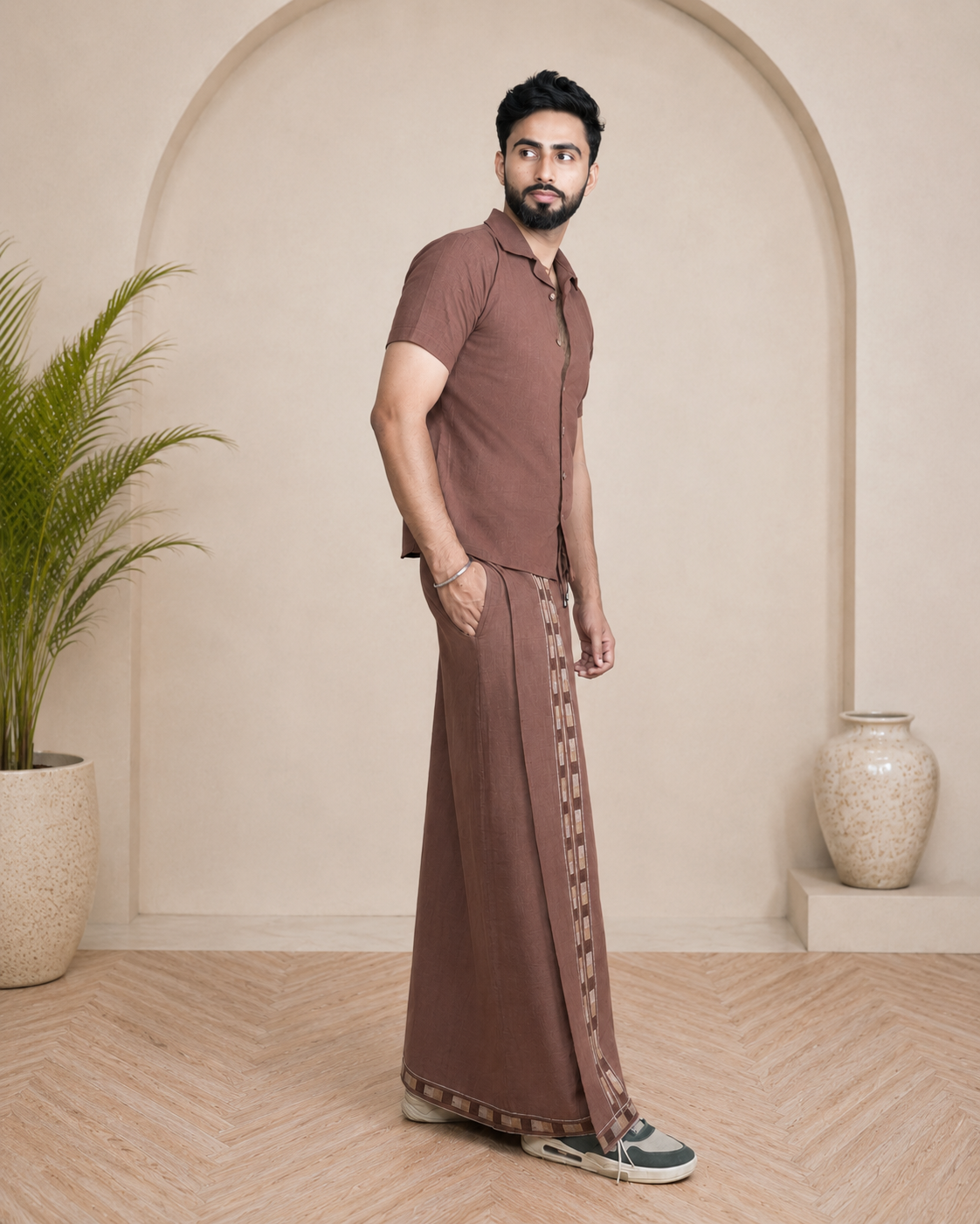 Premium Cotton Stripe Pajamalungi – Coffee Brown - Image 5