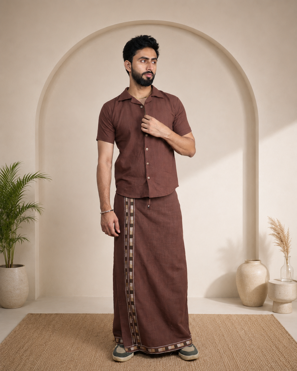 Premium Cotton Stripe Pajamalungi – Coffee Brown