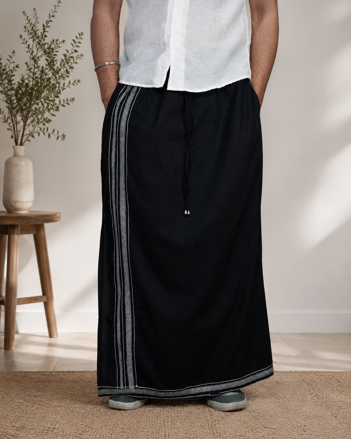 Premium Cotton Stripe Pajamalungi – Charcoal Black - Image 2