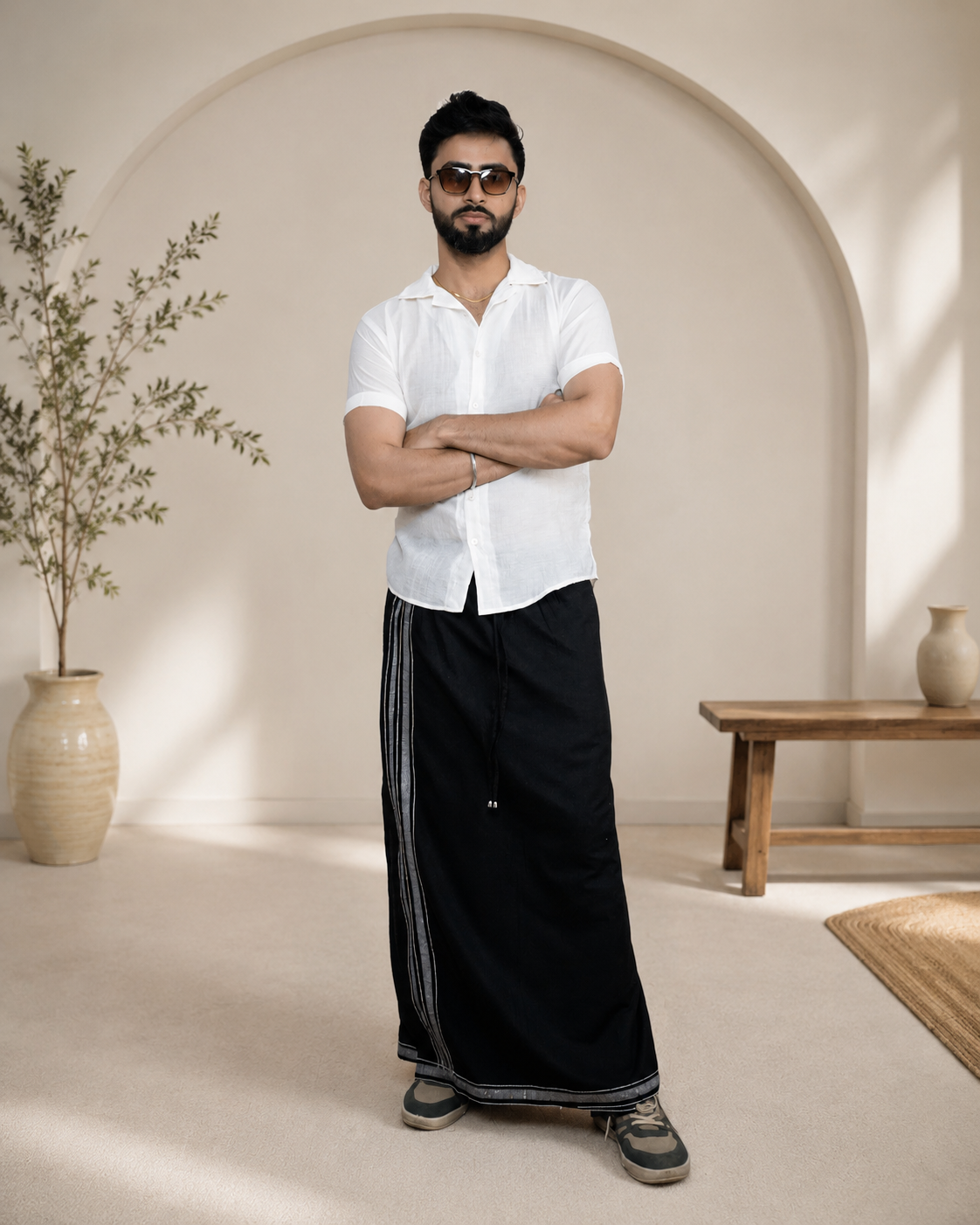 Premium Cotton Stripe Pajamalungi – Charcoal Black