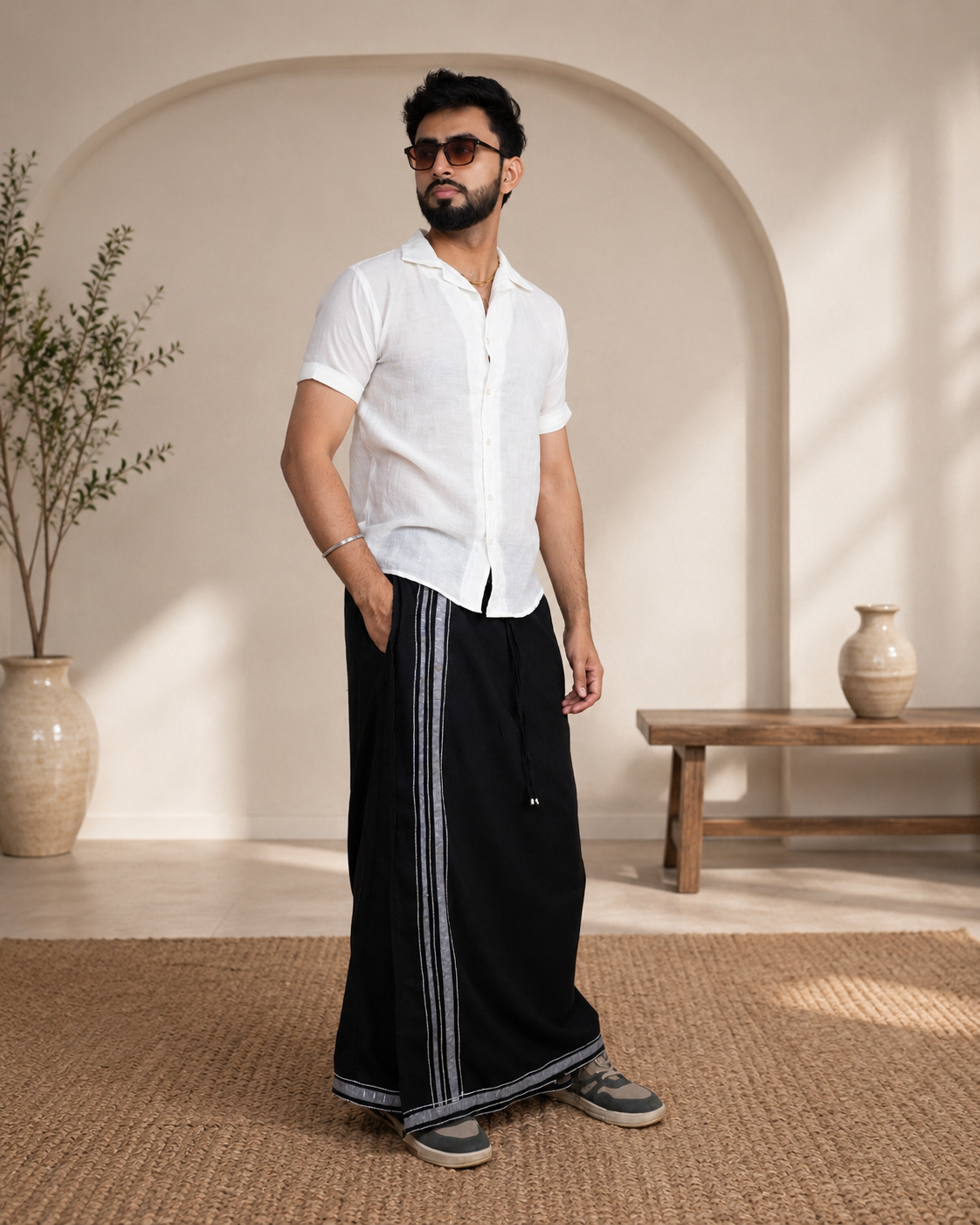 Premium Cotton Stripe Pajamalungi – Charcoal Black - Image 3